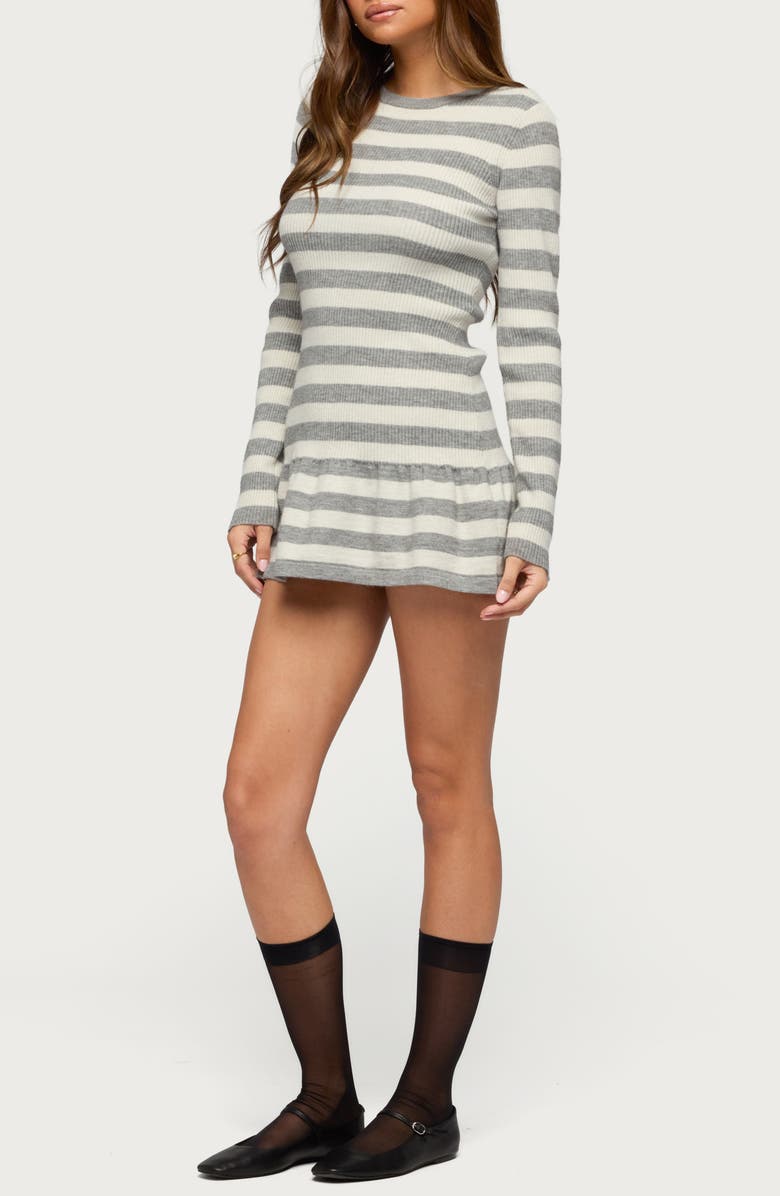 EDIKTED Caisyn Stripe Rib Long Sleeve Minidress, Alternate, color, Gray-Melange