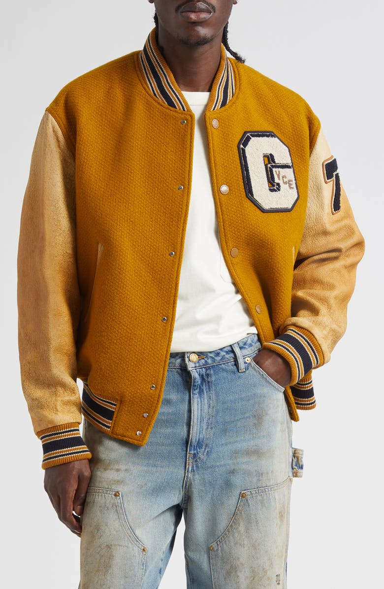 Golden Goose Journey Mixed Media Varsity Bomber Jacket, Main, color, Wood Thrush