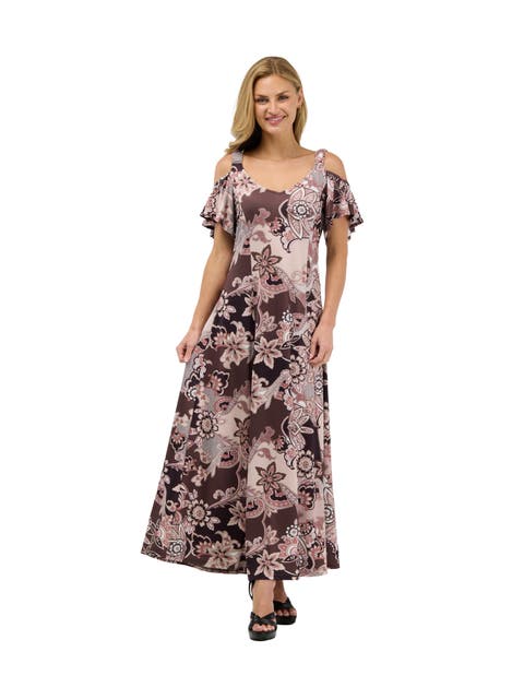 Elevate Womens V Neck Cold Sholder Ruffle Sleeve Wide A Line Maxi Dress