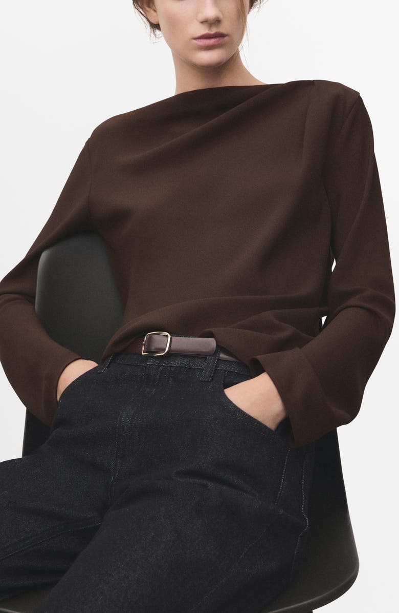 MANGO Long Sleeve Drape Bateau Neck Top, Main, color, Brown