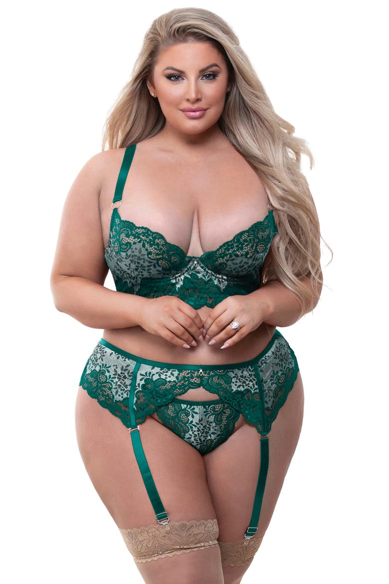 Lace Underwire Bra, Garter Belt & G-String Set, Alternate, color, GREEN