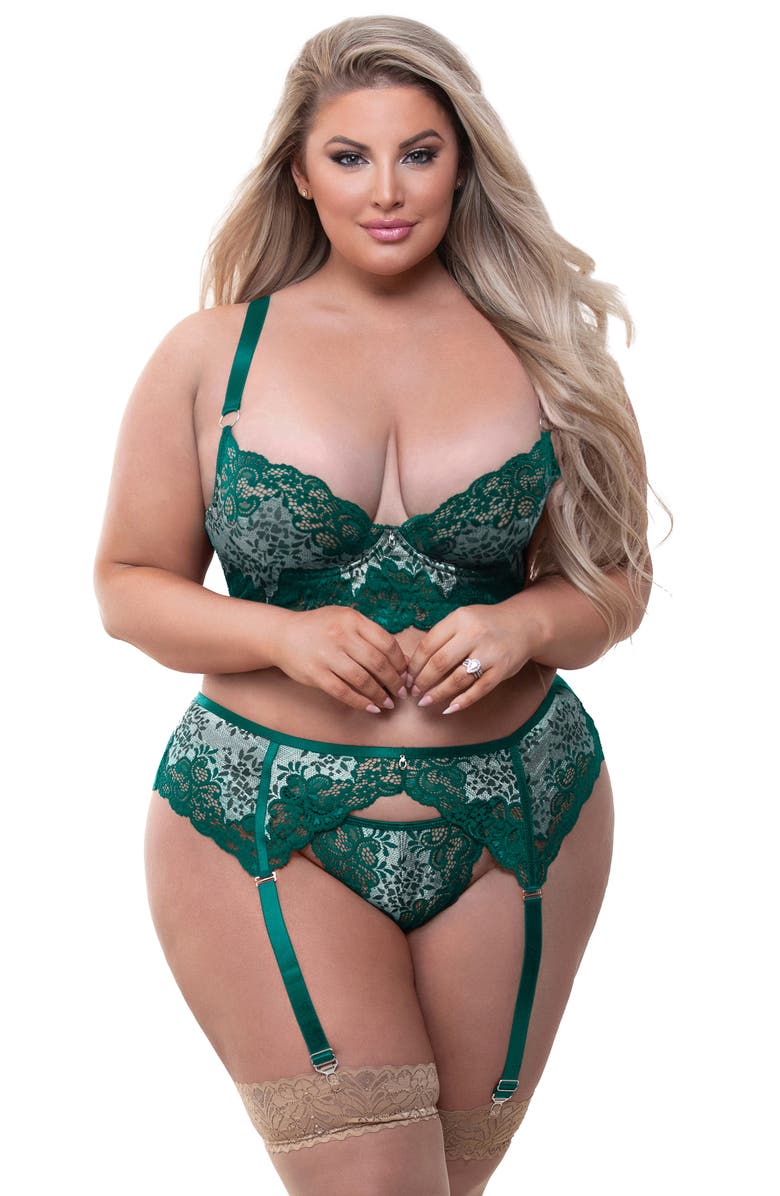 Seven ‘til Midnight Lace Underwire Bra, Garter Belt & G-String Set, Alternate, color, Green