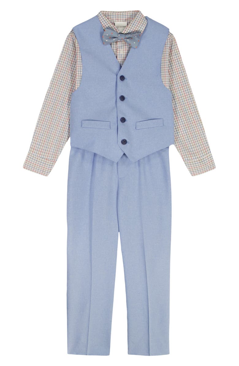 VAN HEUSEN Kids' Plaid Button-Up Shirt, Vest, Pants & Polka Dot Bow Tie Set, Main, color, Med Blue