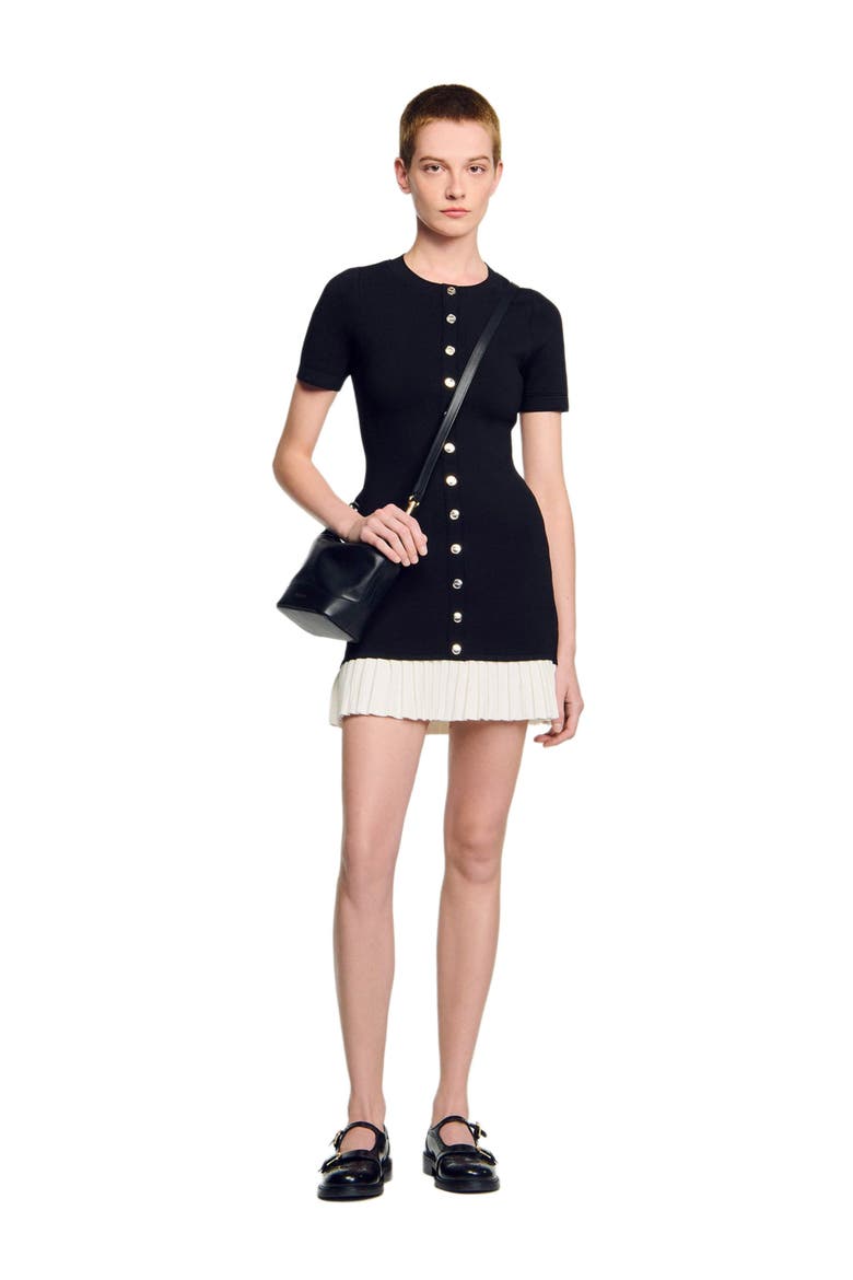mini knit dress with ruffle, Alternate, color, Black / ecru