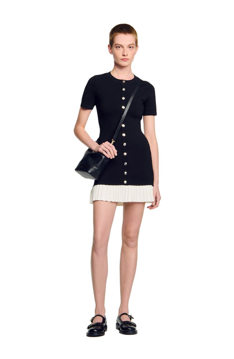 SANDRO mini knit dress with ruffle, Alternate, color, Black / Ecru