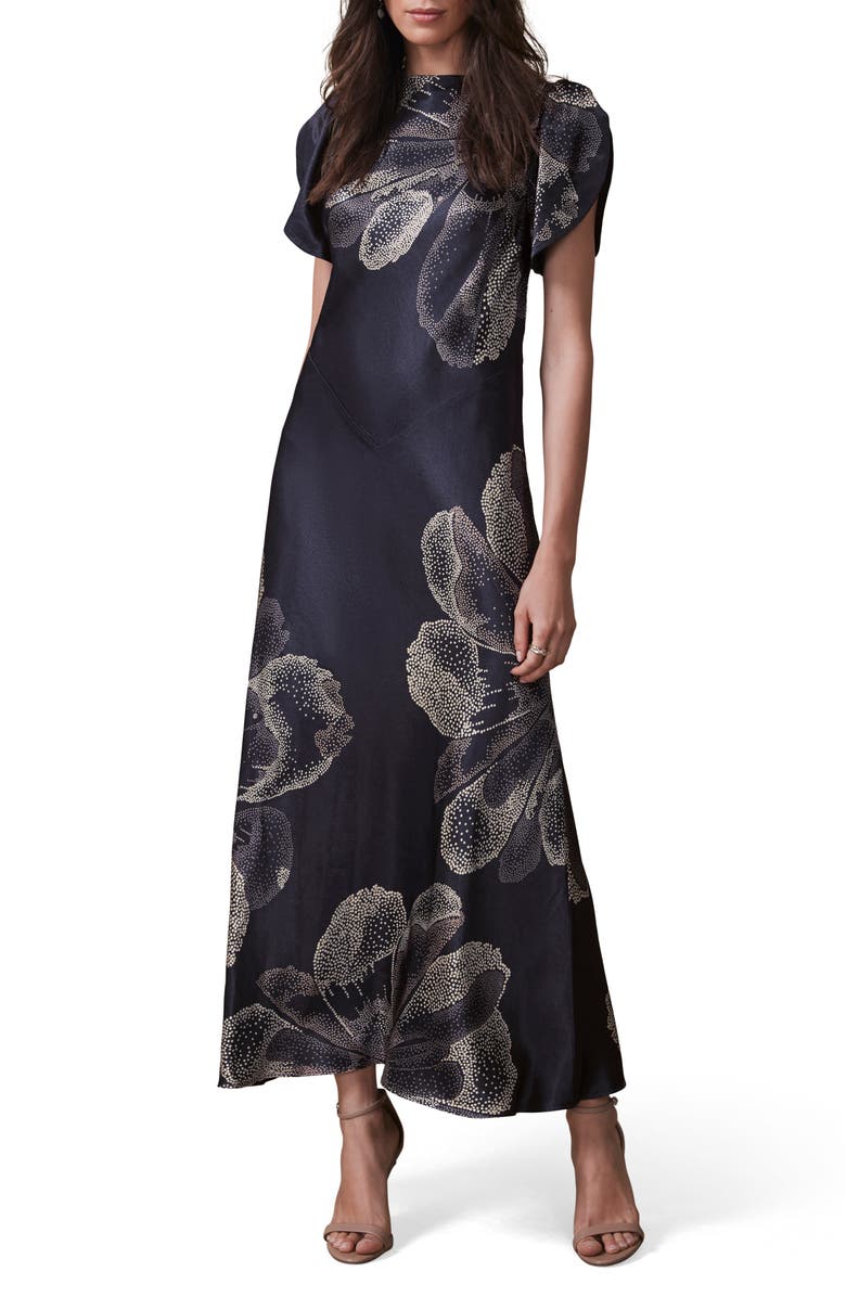 MINT VELVET Floral Print Satin Midi Dress, Main, color, Navy