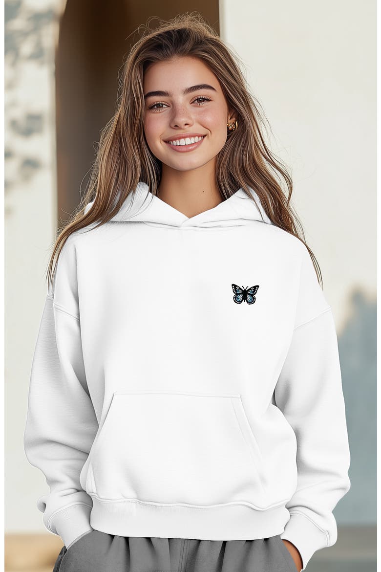 Womens Butterfly Midweight Fleece Relaxed Hooded Sweatshirt, Alternate, color, White