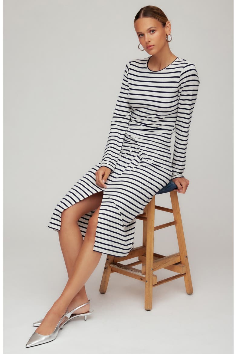 Sadie Stripe Side Drape Midi Dress, Alternate, color, STRIPE