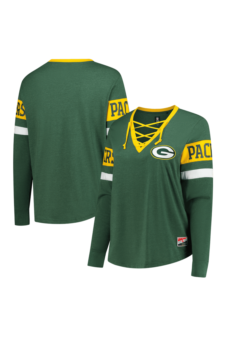 Women's New Era Green Green Bay Packers Plus Size Throwback Lace-Up Long Sleeve T-Shirt, Main, color, Green