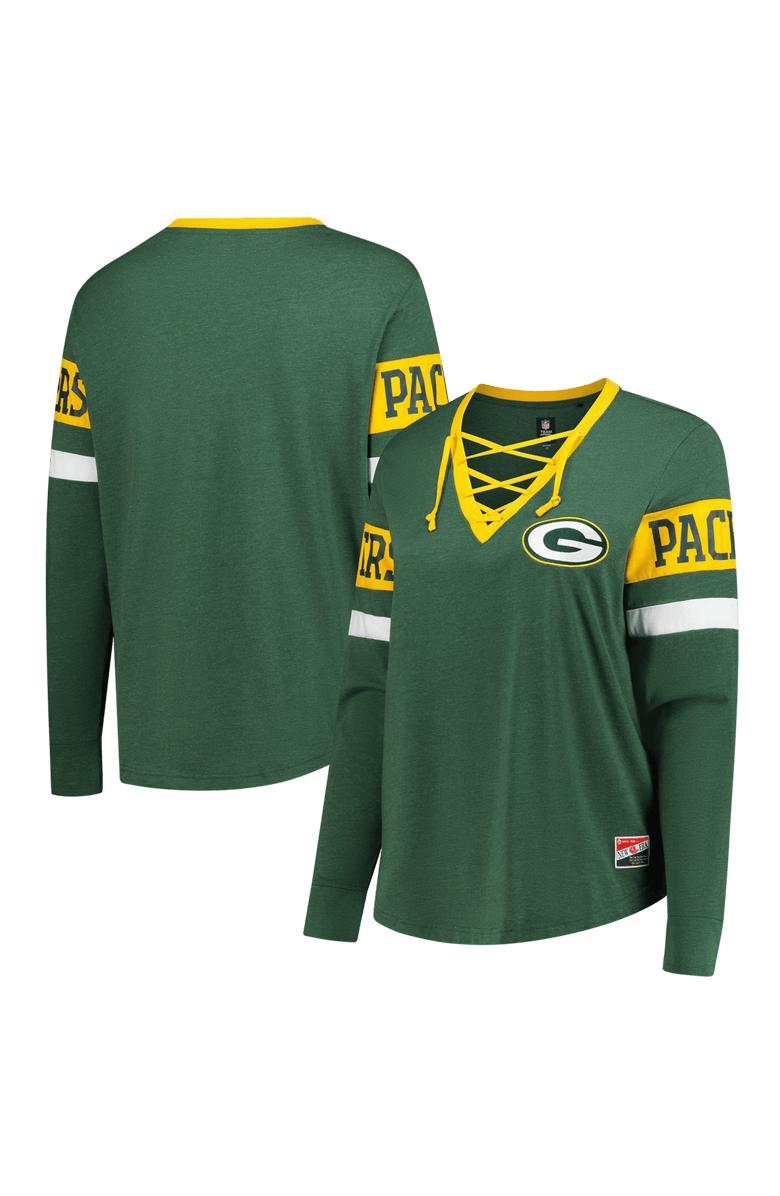 New Era Women's New Era Green Green Bay Packers Plus Size Throwback Lace-Up Long Sleeve T-Shirt, Main, color, Green