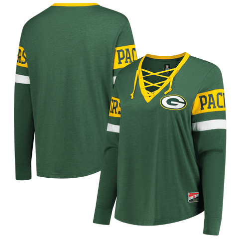 Women's New Era Green Green Bay Packers Plus Size Throwback Lace-Up Long Sleeve T-Shirt