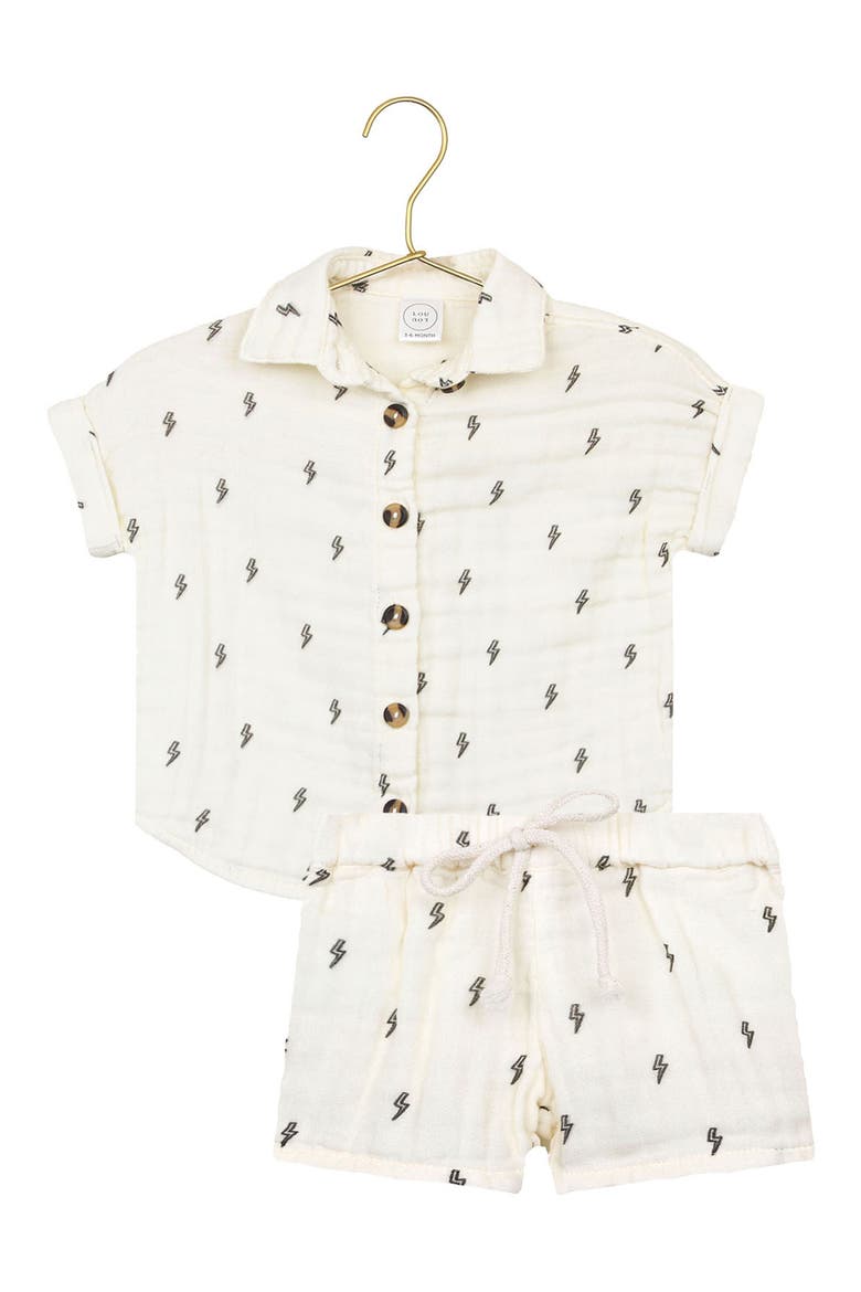 Cloud Cotton Muslin Button-Up Shirt & Shorts Set, Main, color, LIGHTNING BOLT