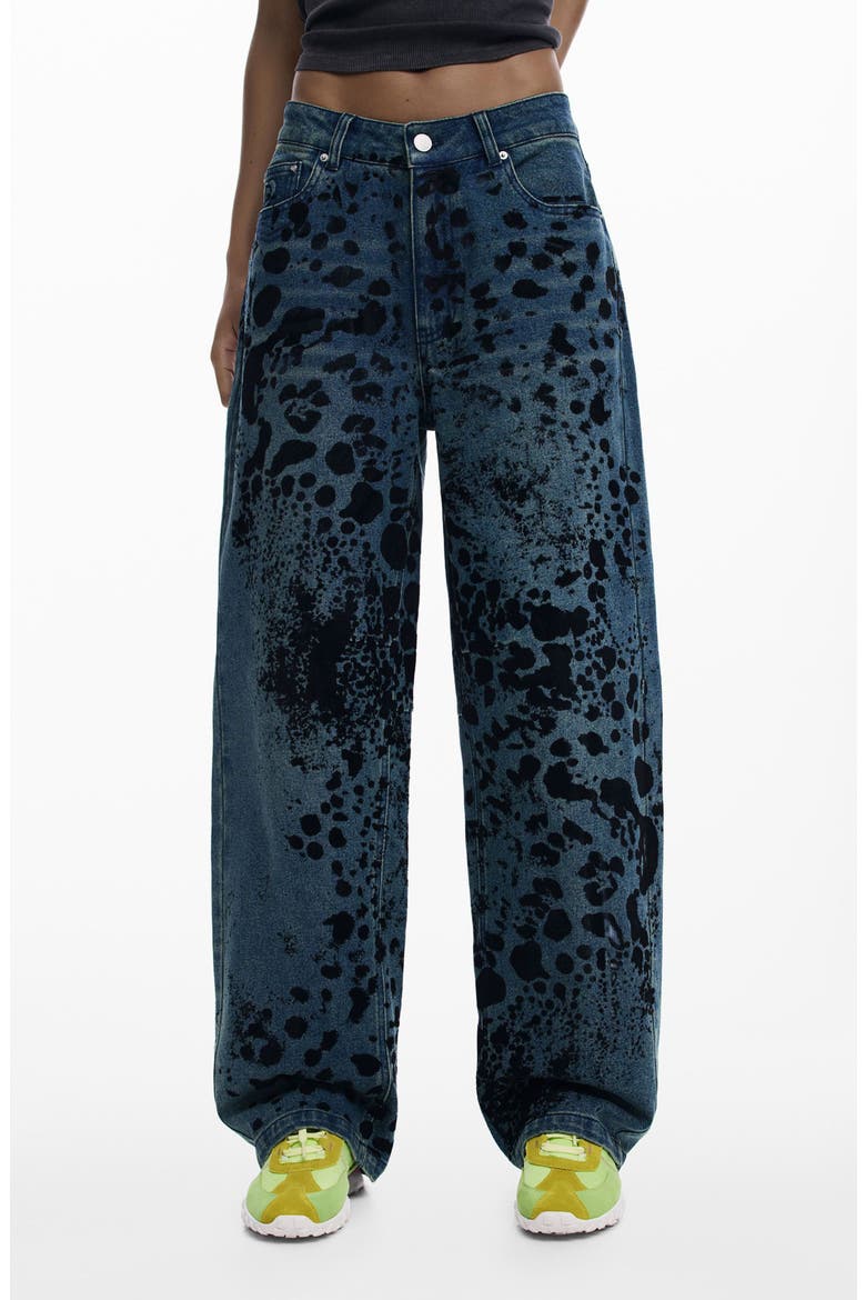 Abstract Print Barrel Leg Jeans, Main, color, DARK BLUE