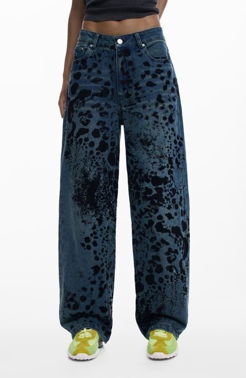Abstract Print Barrel Leg Jeans
