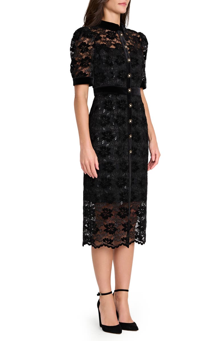 Tahari ASL Metallic Lace & Velvet Shirtdress, Alternate, color, Black