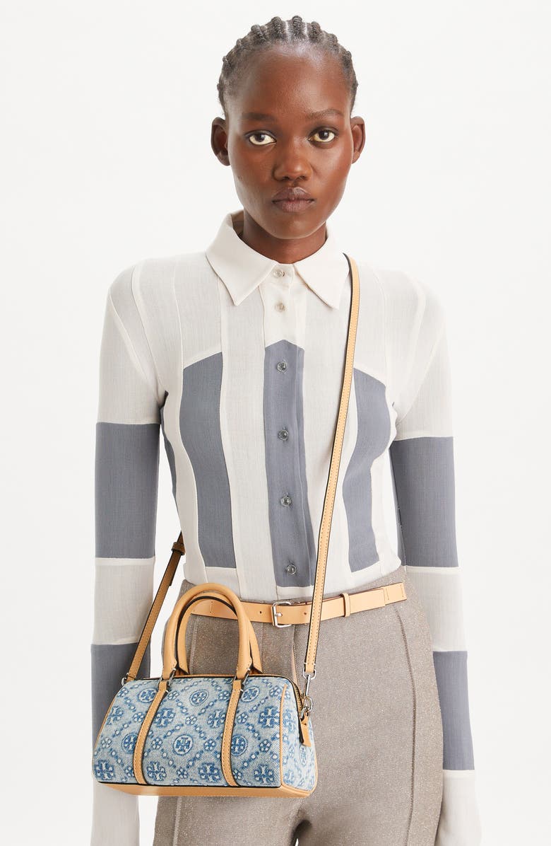 Tory Burch Mini T Monogram Denim Barrel Bag, Alternate, color,