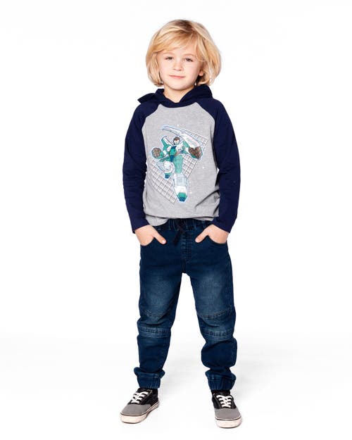 Deux par Deux Organic Cotton Jersey Hooded Raglan Sleeve Tee in Navy Blue 