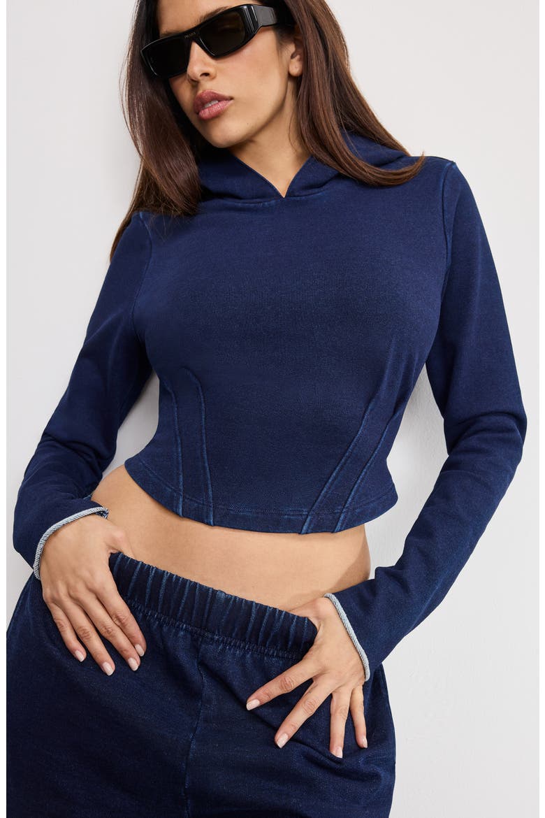 Jeanius Crop Corset French Terry Hoodie, Alternate, color, INDIGO1029