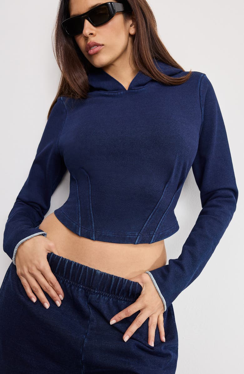 Good American Jeanius Crop Corset French Terry Hoodie, Alternate, color, Indigo1029