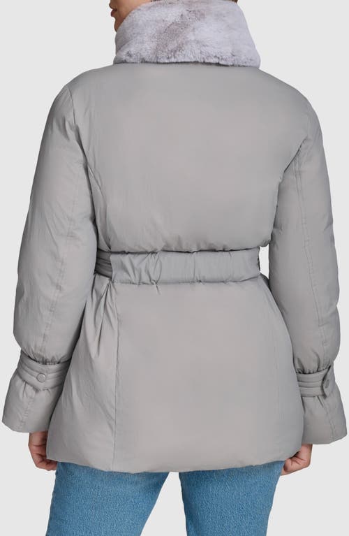 Andrew Marc Laken Faux Fur Trim Belted Puffer Coat In Gray