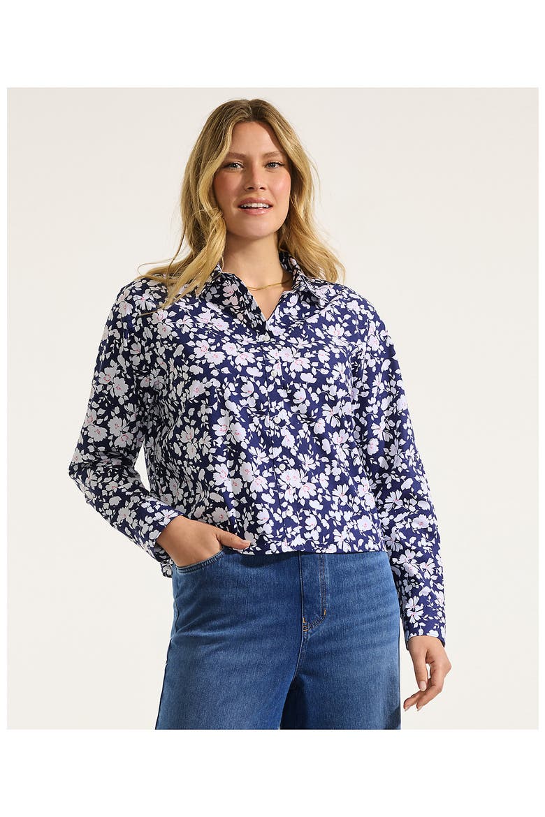 No Iron Boxy Cropped Shirt, Alternate, color, Deep Sea Navy Blossoms
