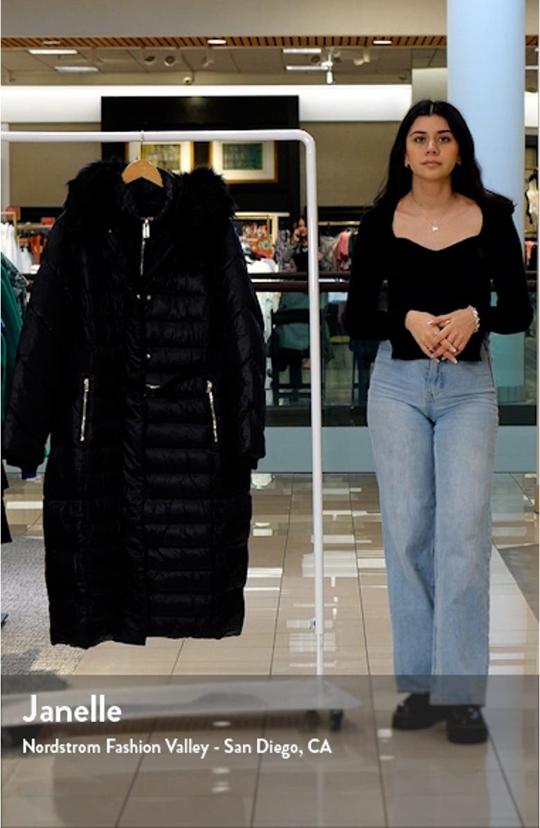 Belted Longline Hooded Puffer Jacket with Removable Faux Fur Trim, sales video thumbnail