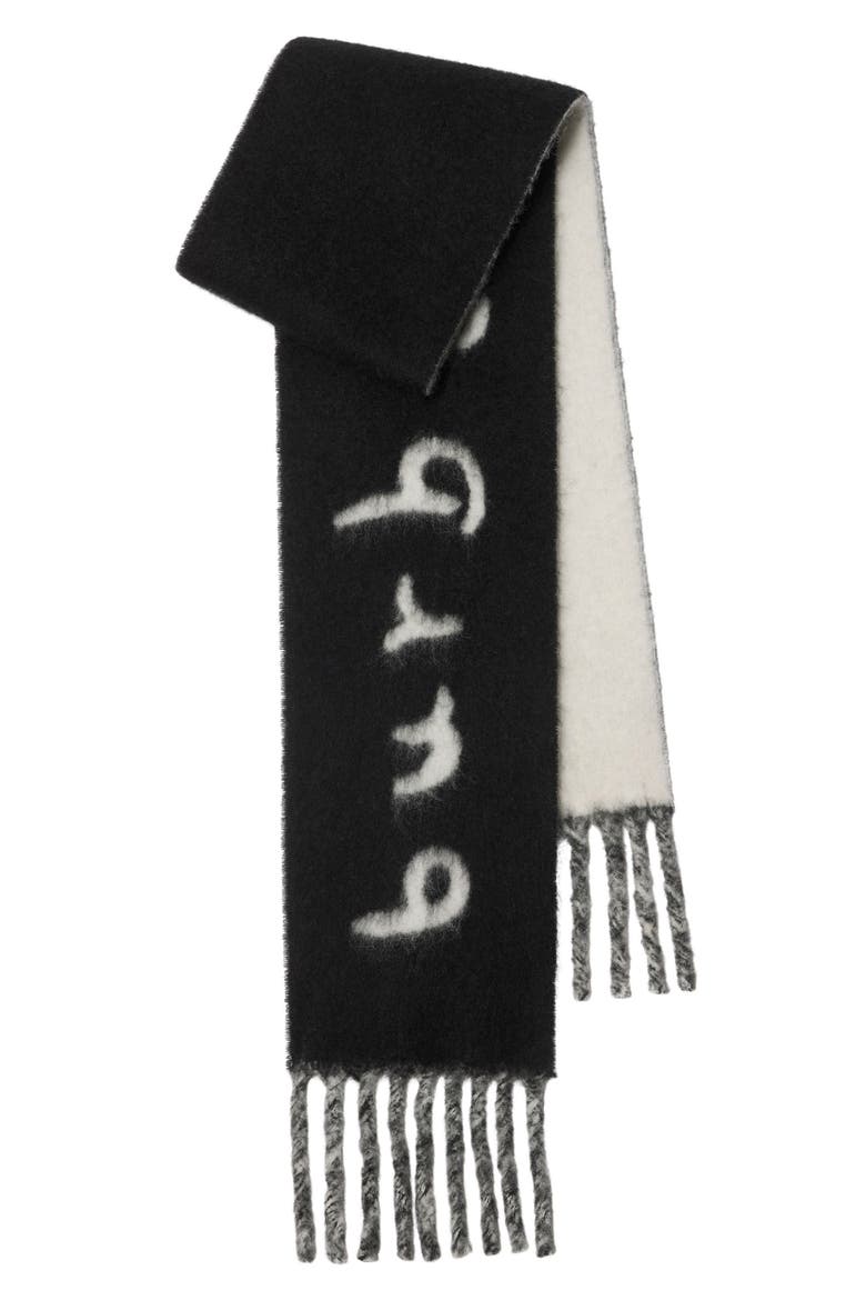 Burberry Logo Text Jacquard Reversible Alpaca & Wool Blend Fringe