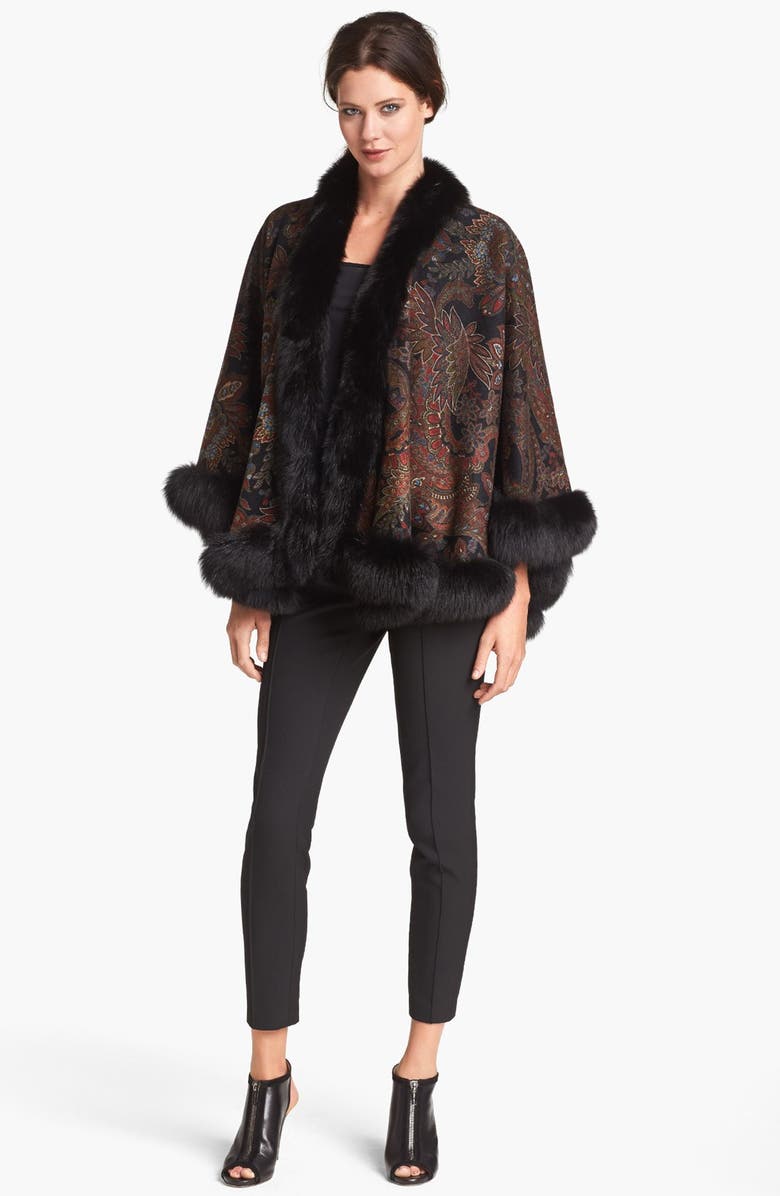 Sofia Cashmere Genuine Fox Fur Trim Paisley Cashmere Cape, Main, color, 
