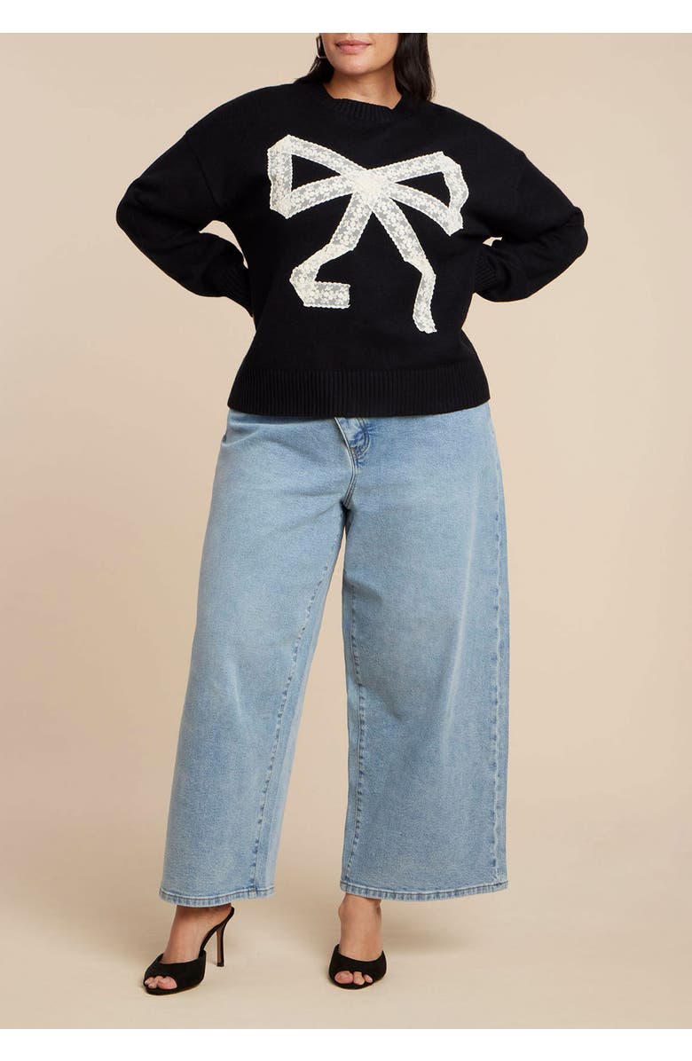 ELOQUII Lace Bow Sweater, Alternate, color, Black