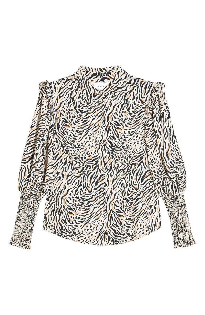 Topshop Frill Shoulder Animal Print Shirred Top, Alternate, color, 
