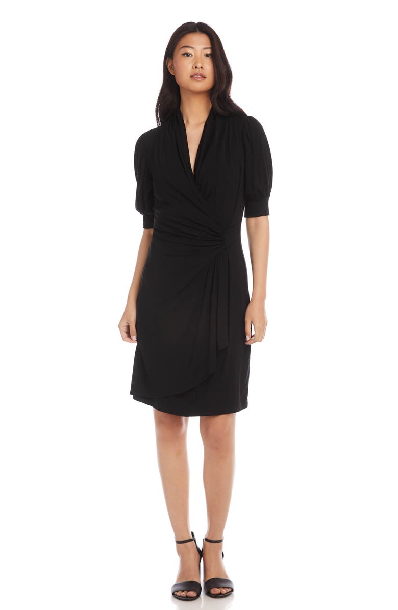 Karen Kane Puff Sleeve Jersey Faux Wrap Dress, Alternate, color, Black