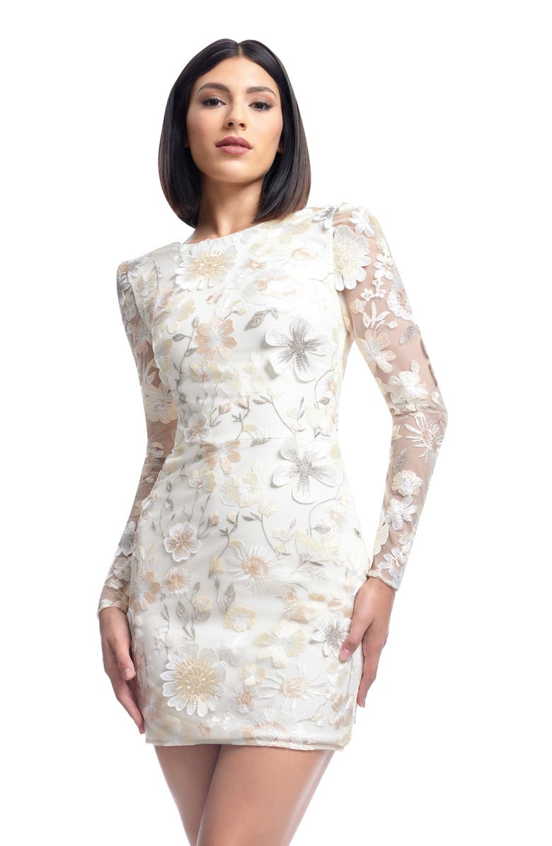 Dress the Population Hazel Floral Appliqué Long Sleeve Cocktail Minidress, Alternate, color, Ivory Multi