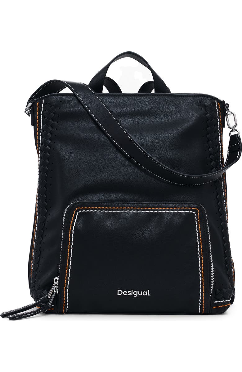 Desigual Medium Decorative Stitch Faux Leather Backpack, Main, color, Black