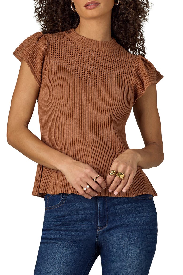 Flutter Sleeve Rib Top, Main, color, PECAN