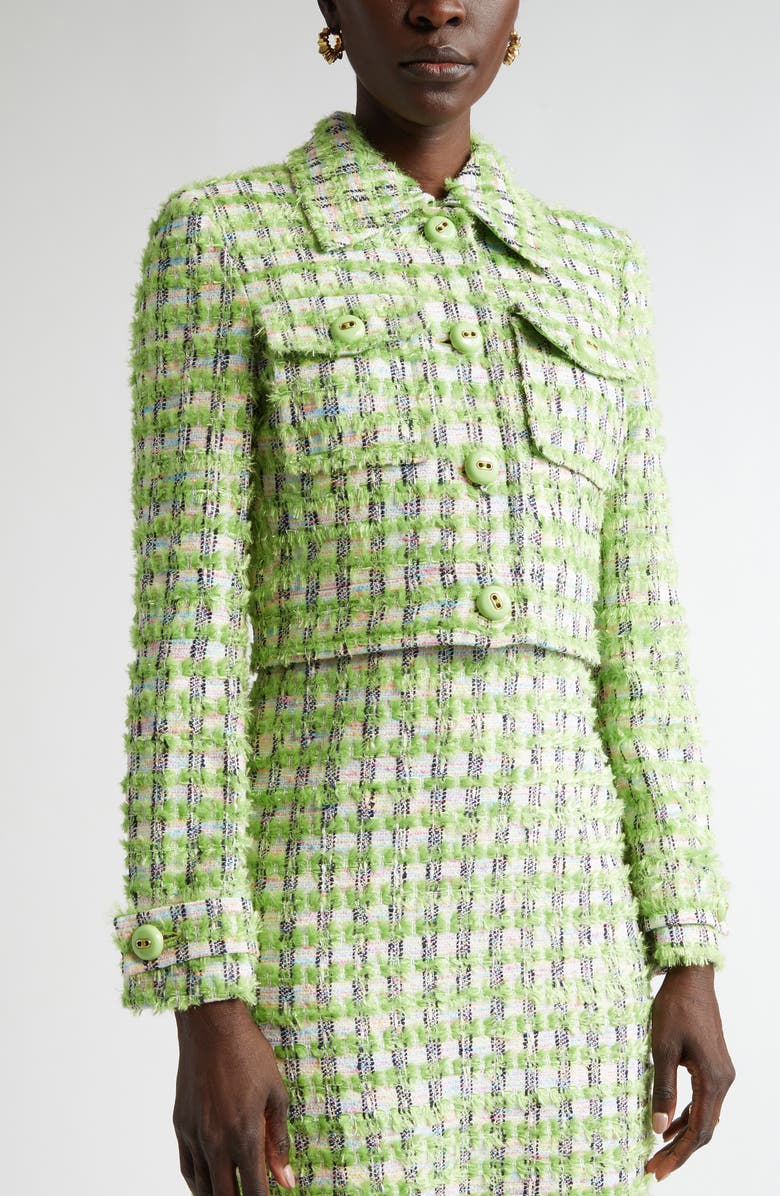 ST. JOHN Plaid Eyelash Tweed Crop Jacket, Alternate, color, Cactus/ Ivory Multi