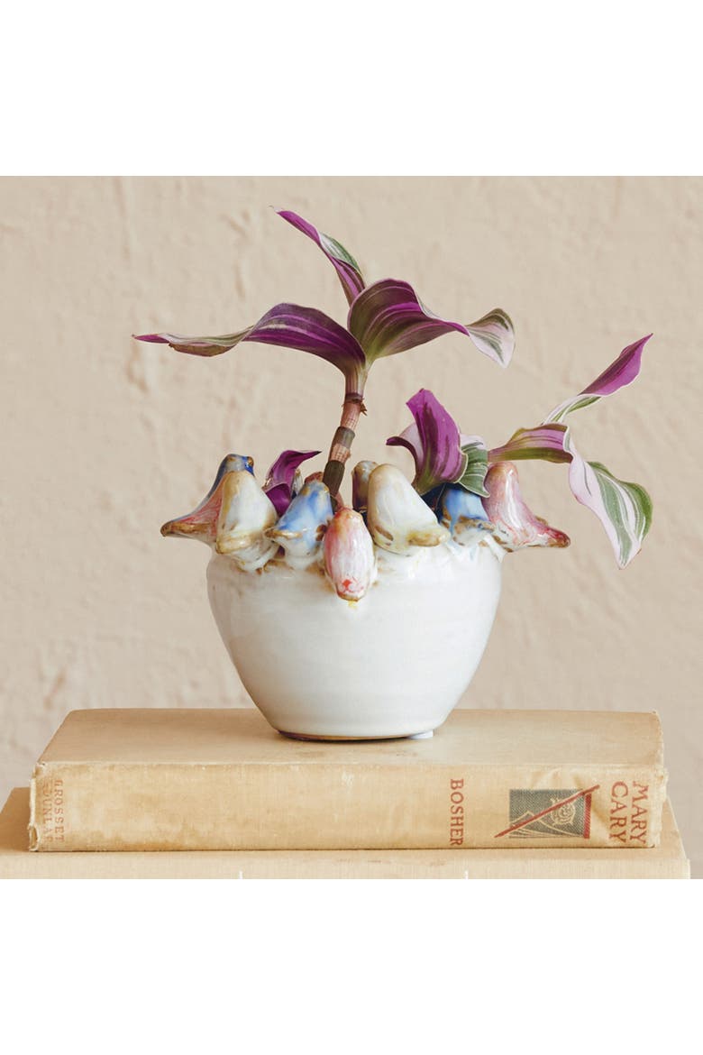 Stoneware Planter with Birds on Rim and Reactive Glaze, Multicolor, Alternate, color, Multicolor