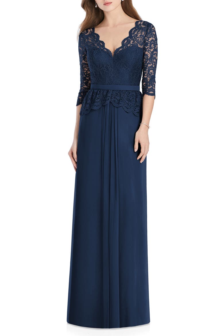 Lux Lace & Chiffon Column Gown, Main, color, MIDNIGHT