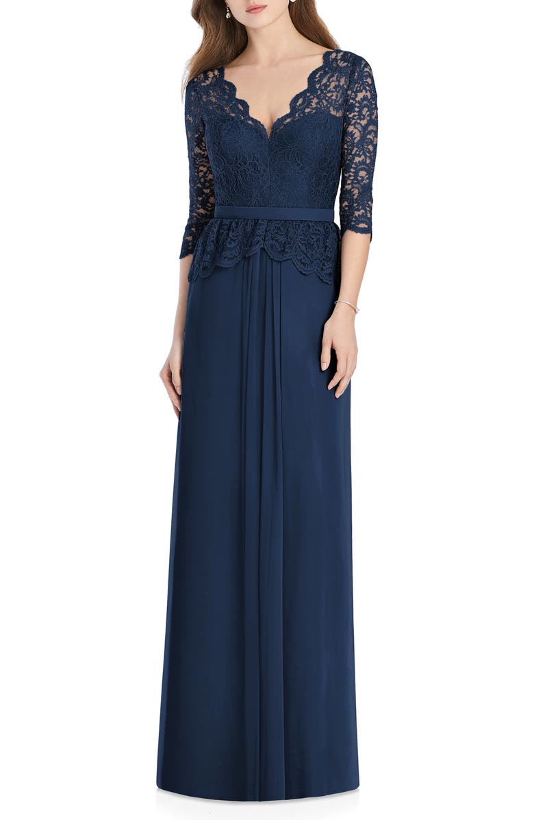 Jenny Packham Lux Lace & Chiffon Column Gown, Main, color, 