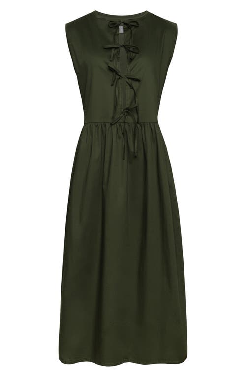 The Lulo Project Hortensia Tie Front Stretch Cotton Midi Dress In Military