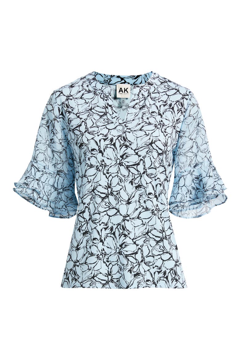 Ruffled Cuff Elbow Sleeve Split Neck Top, Alternate, color, OPAL BLUE/ ANNE BLACK