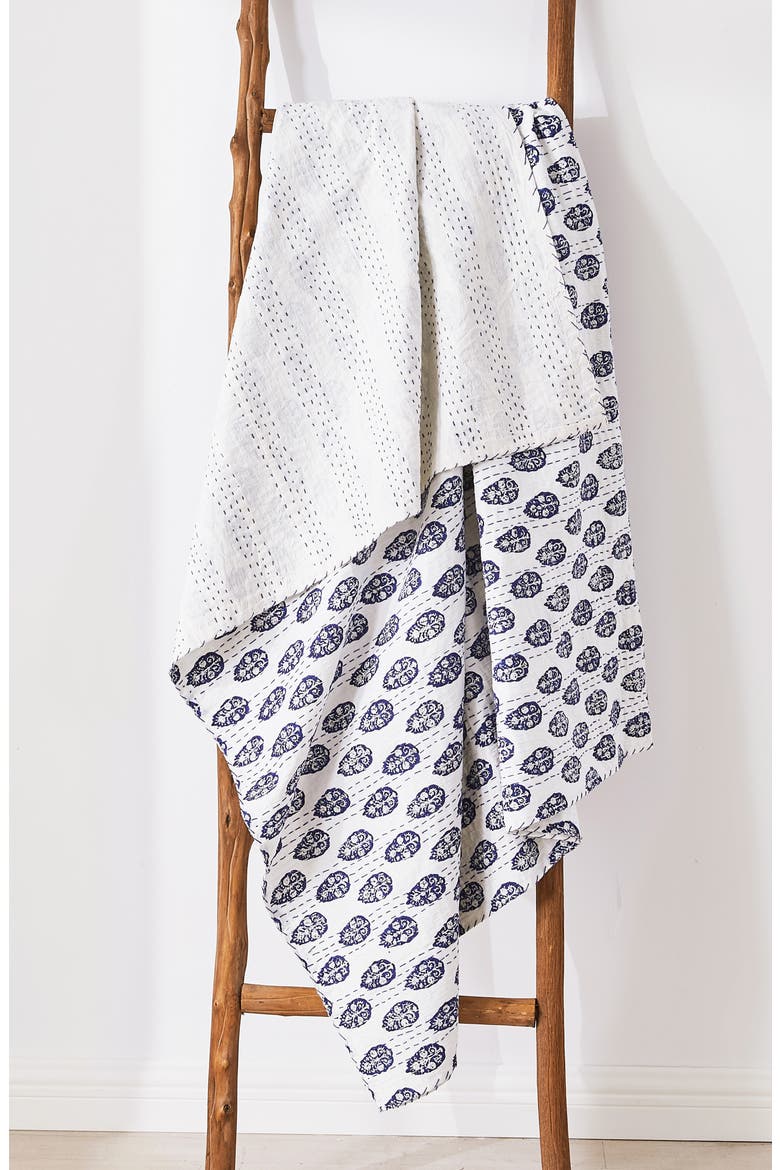 Floral Paisley Kantha Cotton Throw Blanket, Alternate, color, INDIGO