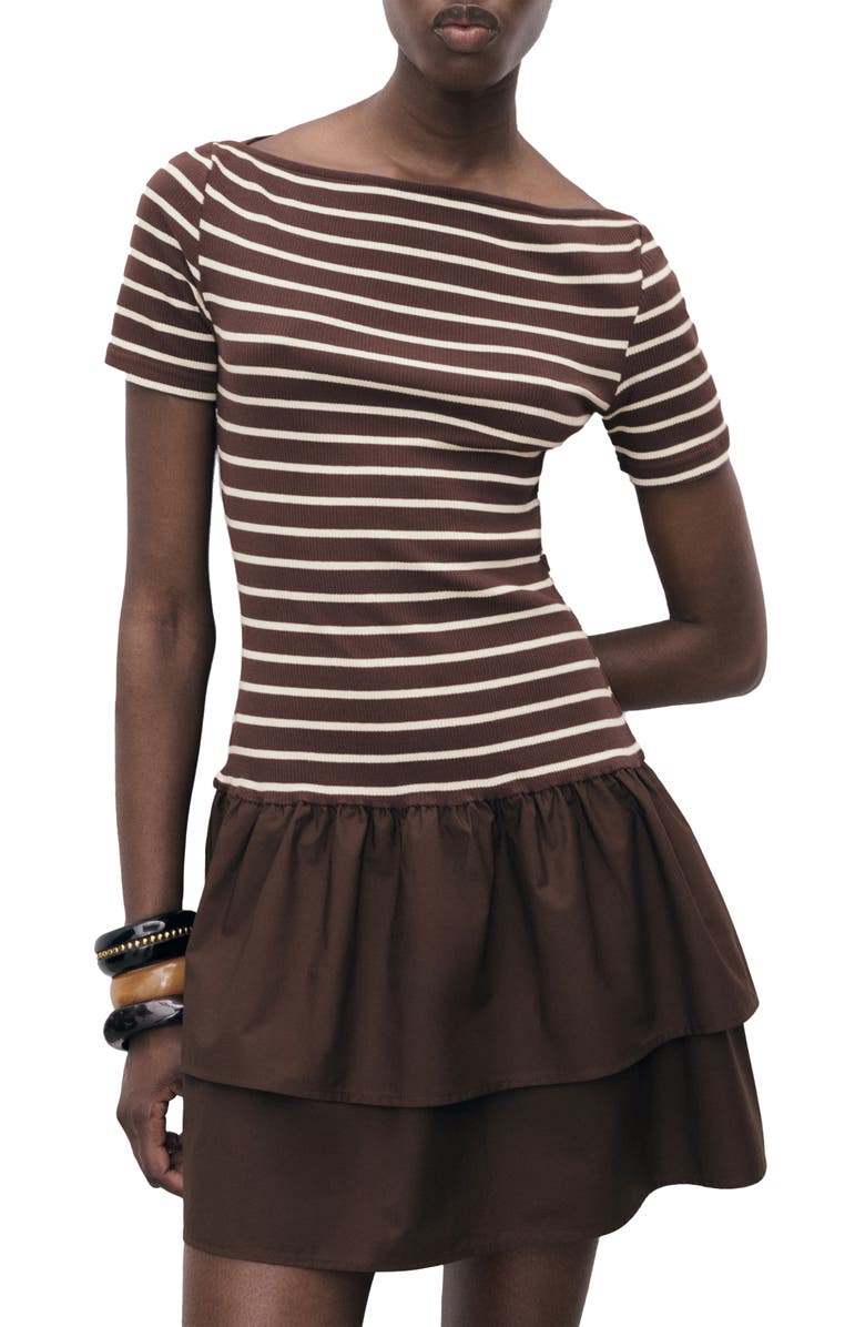 MANGO Globi Stripe Layered Ruffle Dress, Main, color, Brown