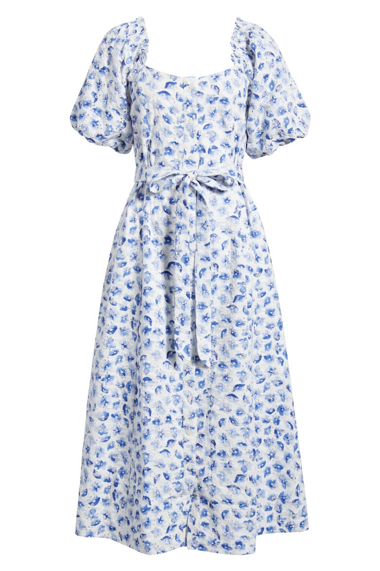 Floral Puff Sleeve Cotton Midi Dress, Alternate, color, BELLFLOWER BLUE