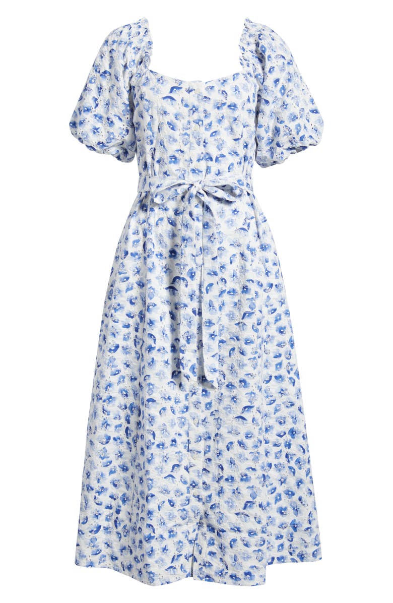 CeCe Floral Puff Sleeve Cotton Midi Dress, Alternate, color, Bellflower Blue