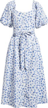 CeCe Floral Puff Sleeve Cotton Midi Dress
