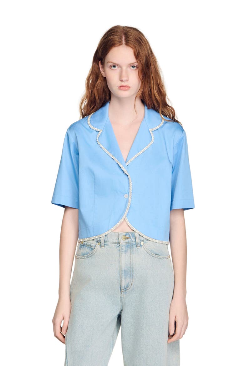 Cotton shirt with beaded trim, Main, color, Blue