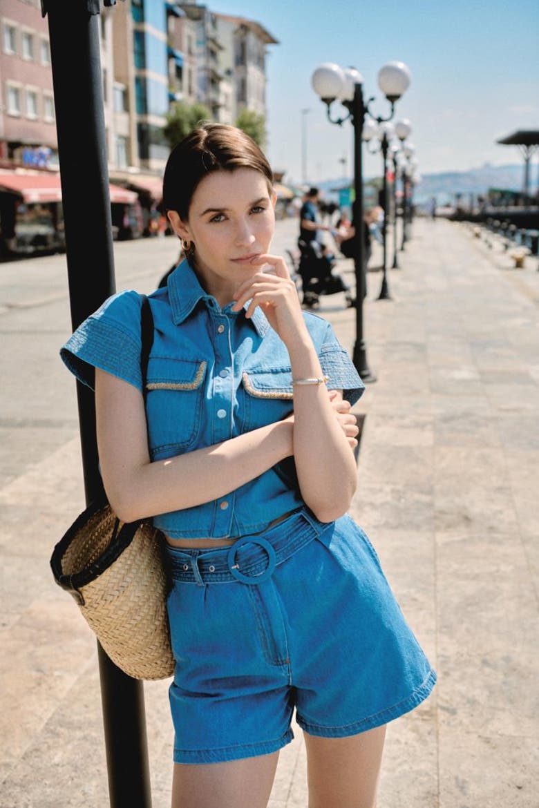 Belted Denim Look Relaxed Shorts, Alternate, color, INDIGO