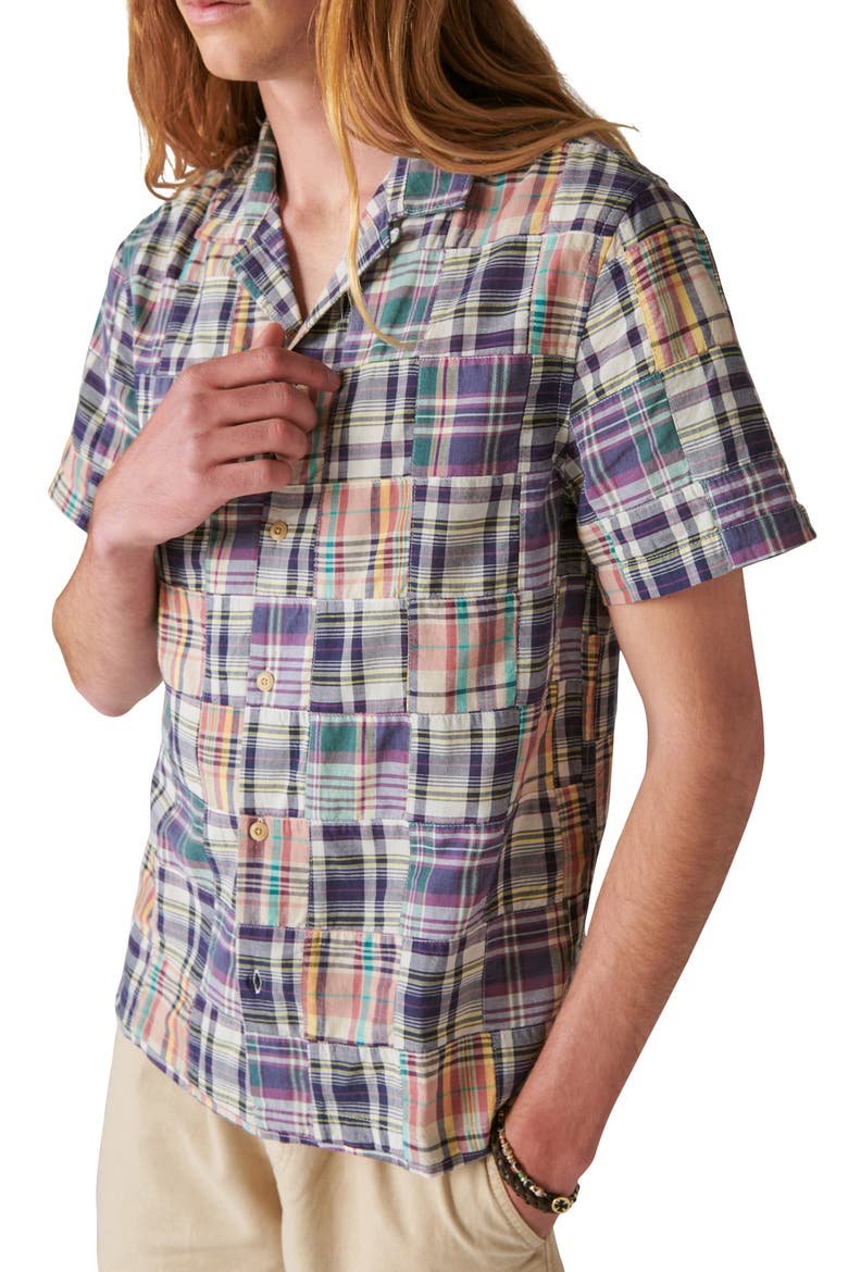 Patchwork Short Sleeve Button-Up Shirt, Main, color, BLUE MULTI