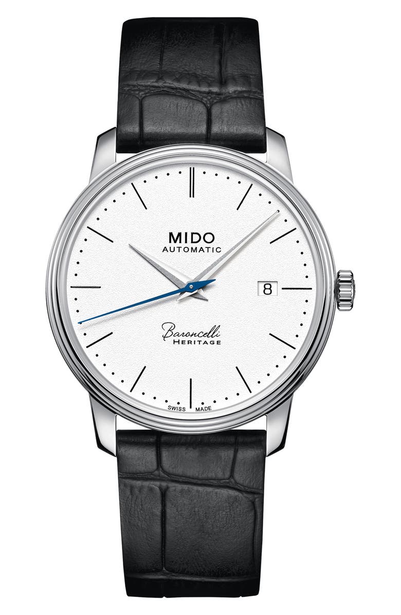 MIDO Baroncelli Heritage Automatic Leather Strap Watch, 39mm, Main, color, 