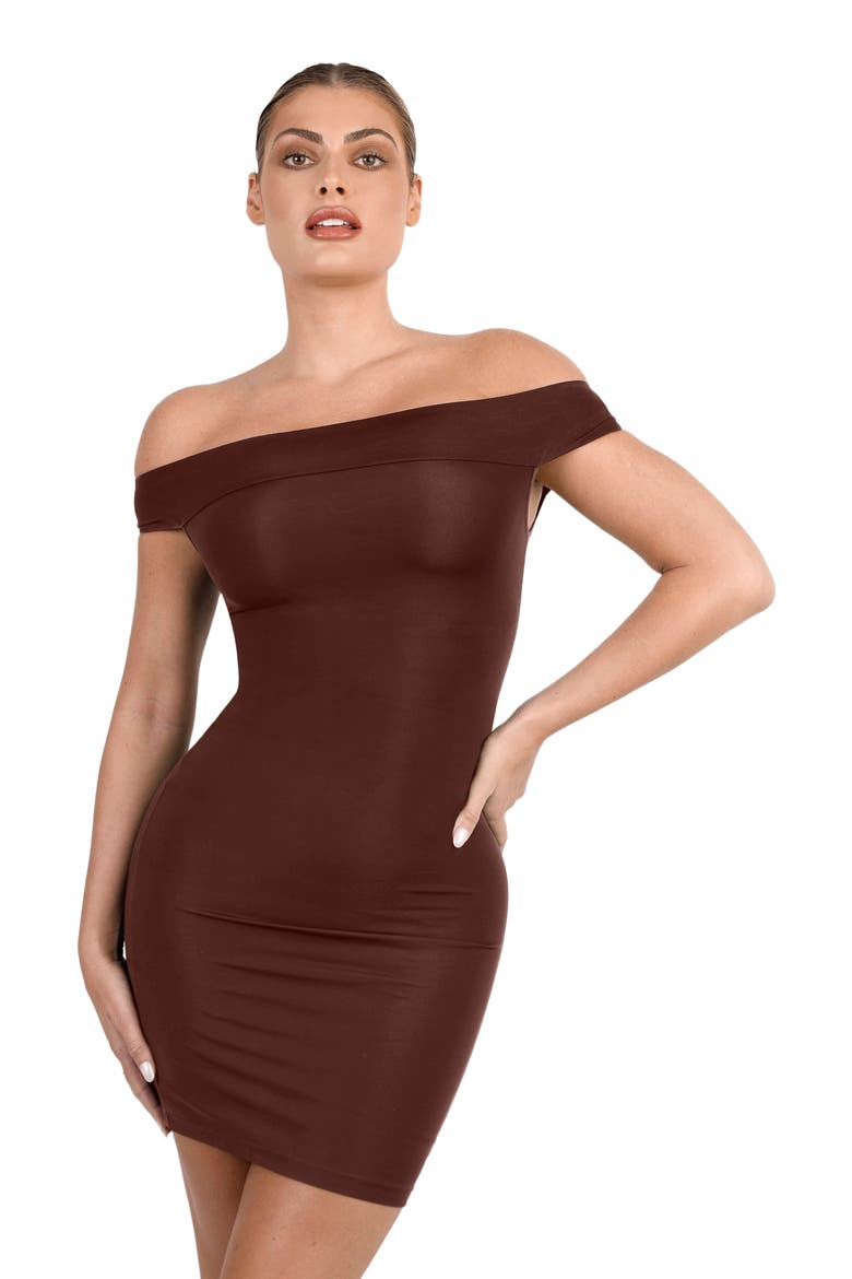 Shapewear Off-the-Shoulder Bodycon Mini Dress, Main, color, Deep Coffee